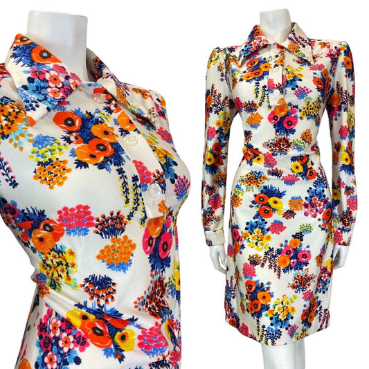 VINTAGE 60s 70s WHITE BLUE PINK FLORAL BOUQUET MOD DAGGER SHIRT DRESS 12 14