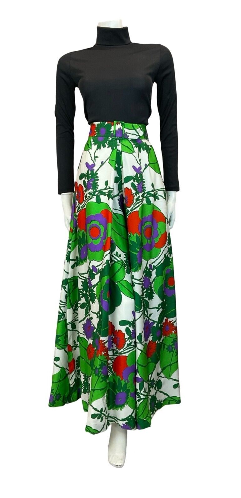 VTG 70S GREEN RED WHITE PURPLE FLORAL BELT PANTS TROUSERS SIZE 10