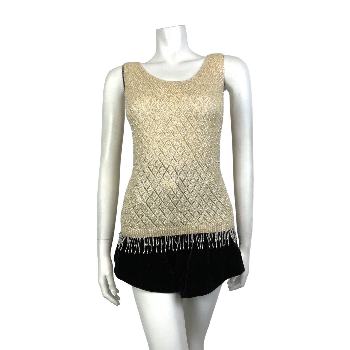 VINTAGE 70s CREAM IRIDESCENT PEARL SEQUIN BEADED TASSELED KNITTED TOP 8 10