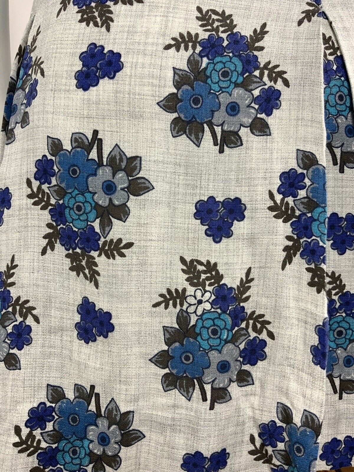 VINTAGE 60s 70s GREY NAVY BLUE FLORAL BOUQUET COTTON DRESS 10
