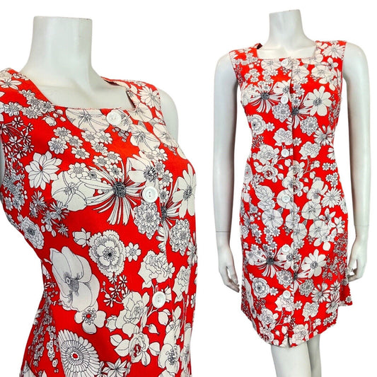 VINTAGE 60s 70s RED WHITE BLACK FLORAL MOD SLEEVELESS A-LINE SHIFT DRESS 12