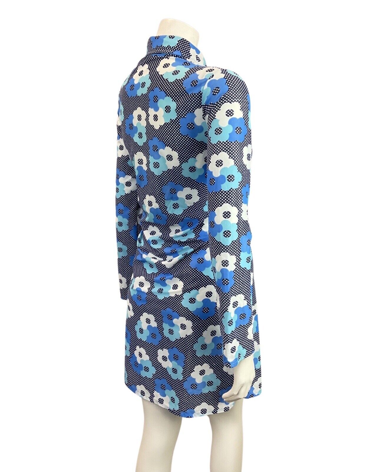 VINTAGE 60s 70s BLUE WHITE POLKA-DOT DAISY FLOWER MOD DAGGER SHIRT DRESS 8 10