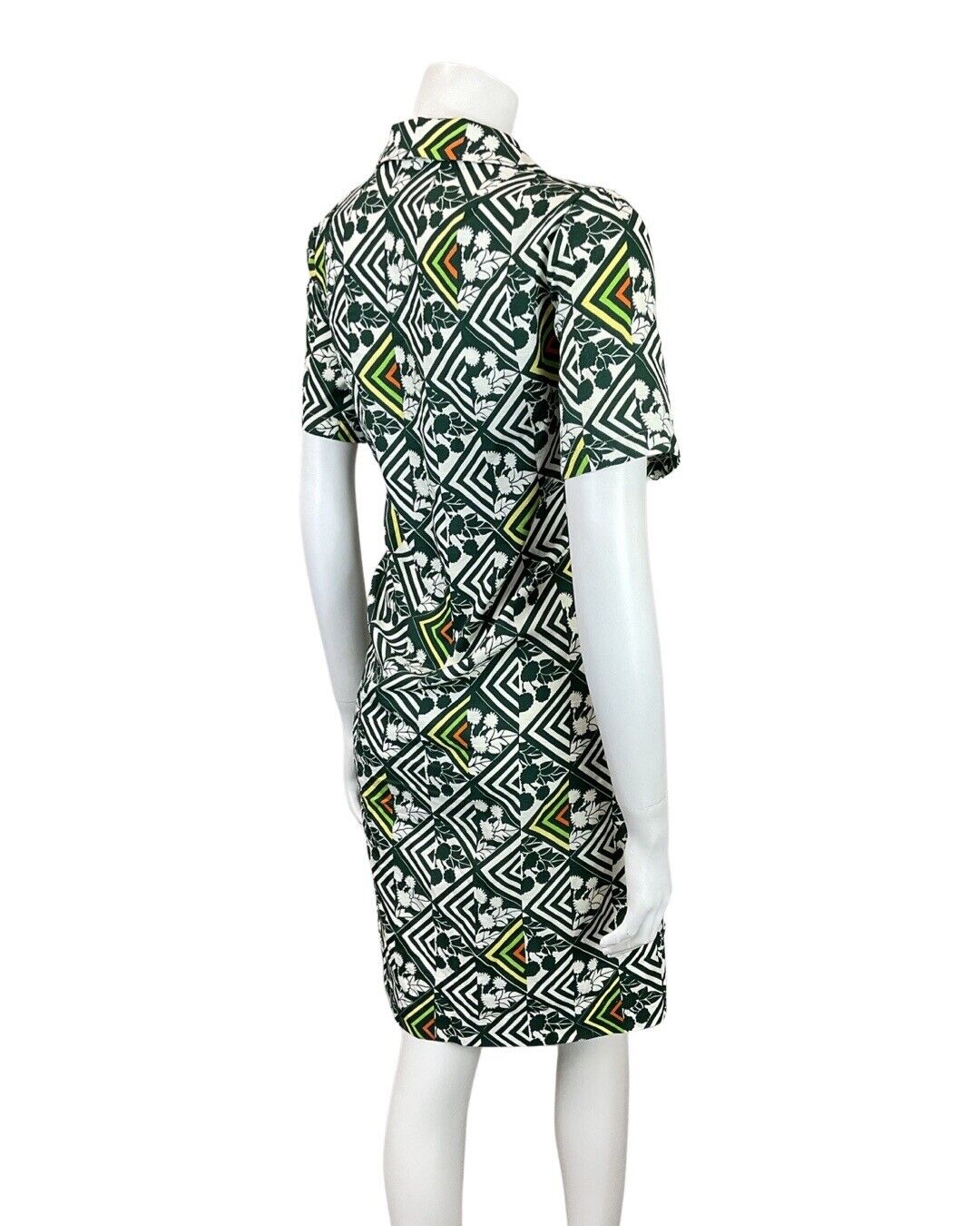 VINTAGE 60s 70s GREEN WHITE YELLOW GEOMETRIC BERRY FLORAL MOD SHIRT DRESS 12 14