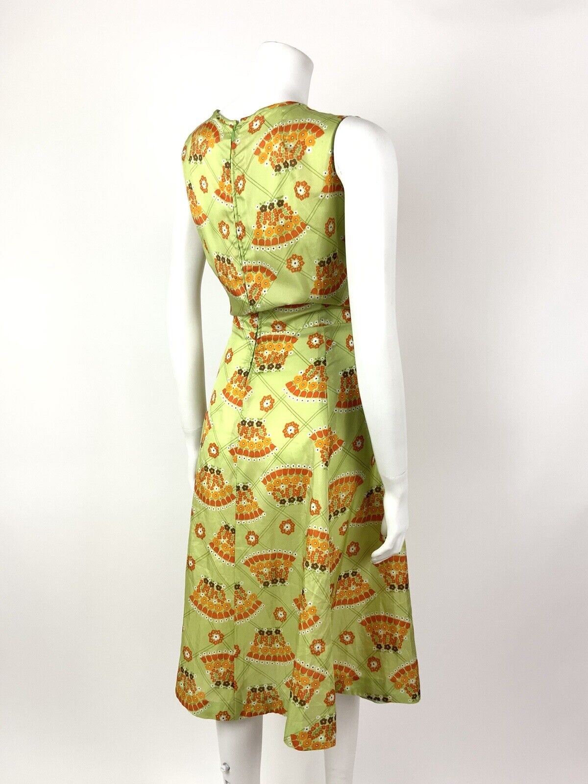 VINTAGE 60s 70s LIME GREEN ORANGE BROWN CHECKED FLORAL FAN MOD DRESS 12 14
