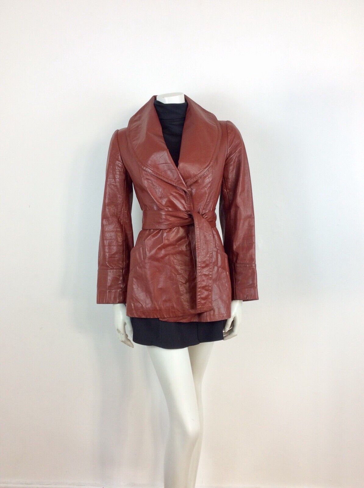 CLASSIC TRUE VINTAGE 60s 70s BROWN BURGUNDY WINE LEATHER WRAP JACKET 8 10 12