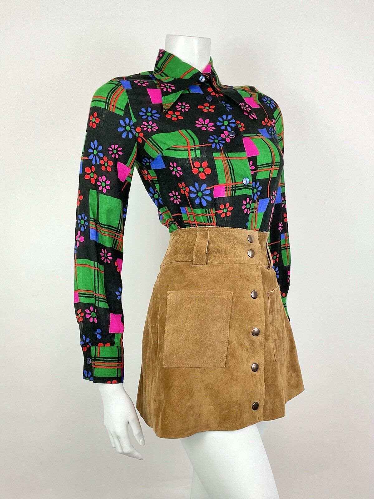 VTG 60s 70s BLACK GREEN PINK BLUE GEOMETRIC DAISY FLOWER MOD DAGGER SHIRT 8
