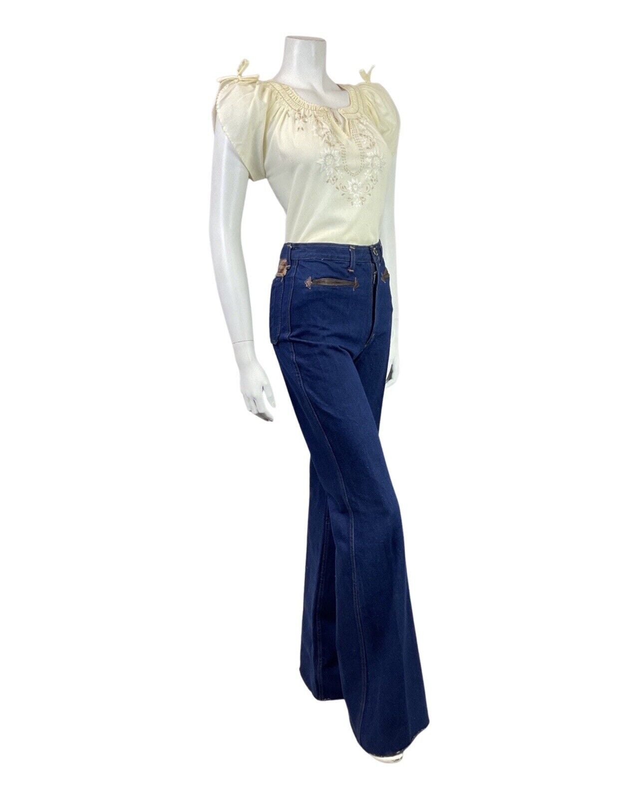 VINTAGE 60s 70s CREAM YELLOW BEIGE FLORAL EMBROIDERED BOHO FOLK BLOUSE 12 14