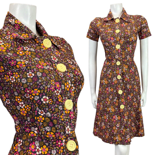 VINTAGE 60s 70s BLACK PINK PURPLE ORANGE FLORAL DITSY MOD DAGGER SHIRT DRESS 8