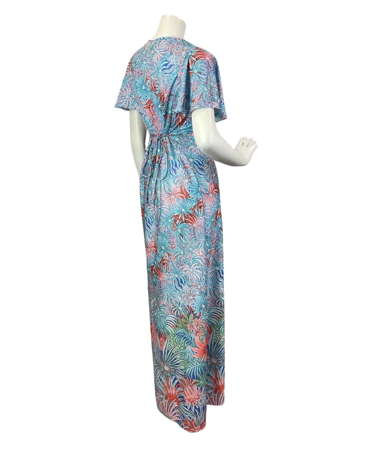 VINTAGE 60s 70s BLUE RED PEACH PSYCHEDELIC PALM LEAF FLORAL CAPED MAXI DRESS 14