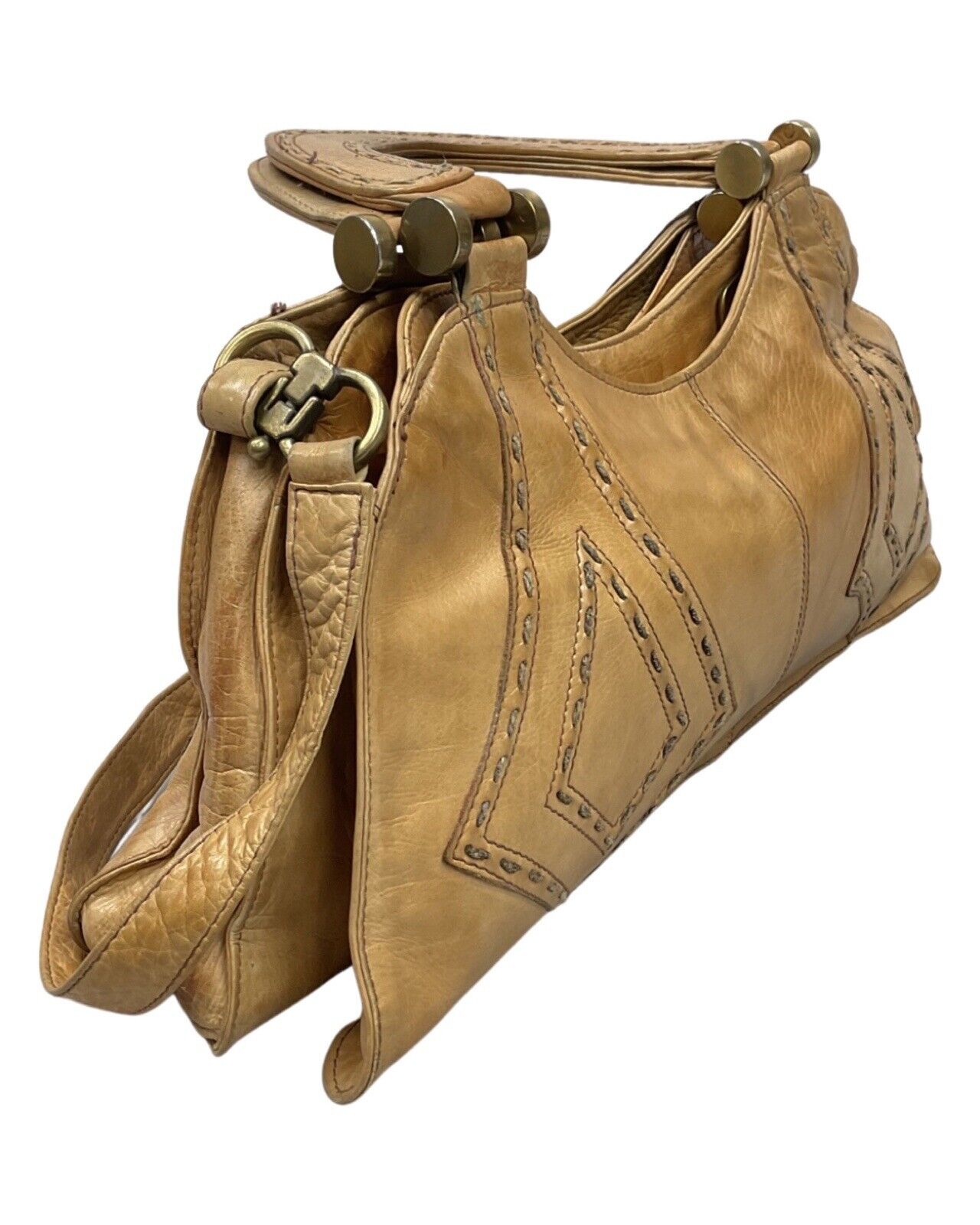 VINTAGE 60s 70s CAMEL BROWN SOFT LEATHER BOHO MOD SHOULDER DOCTORS BAG