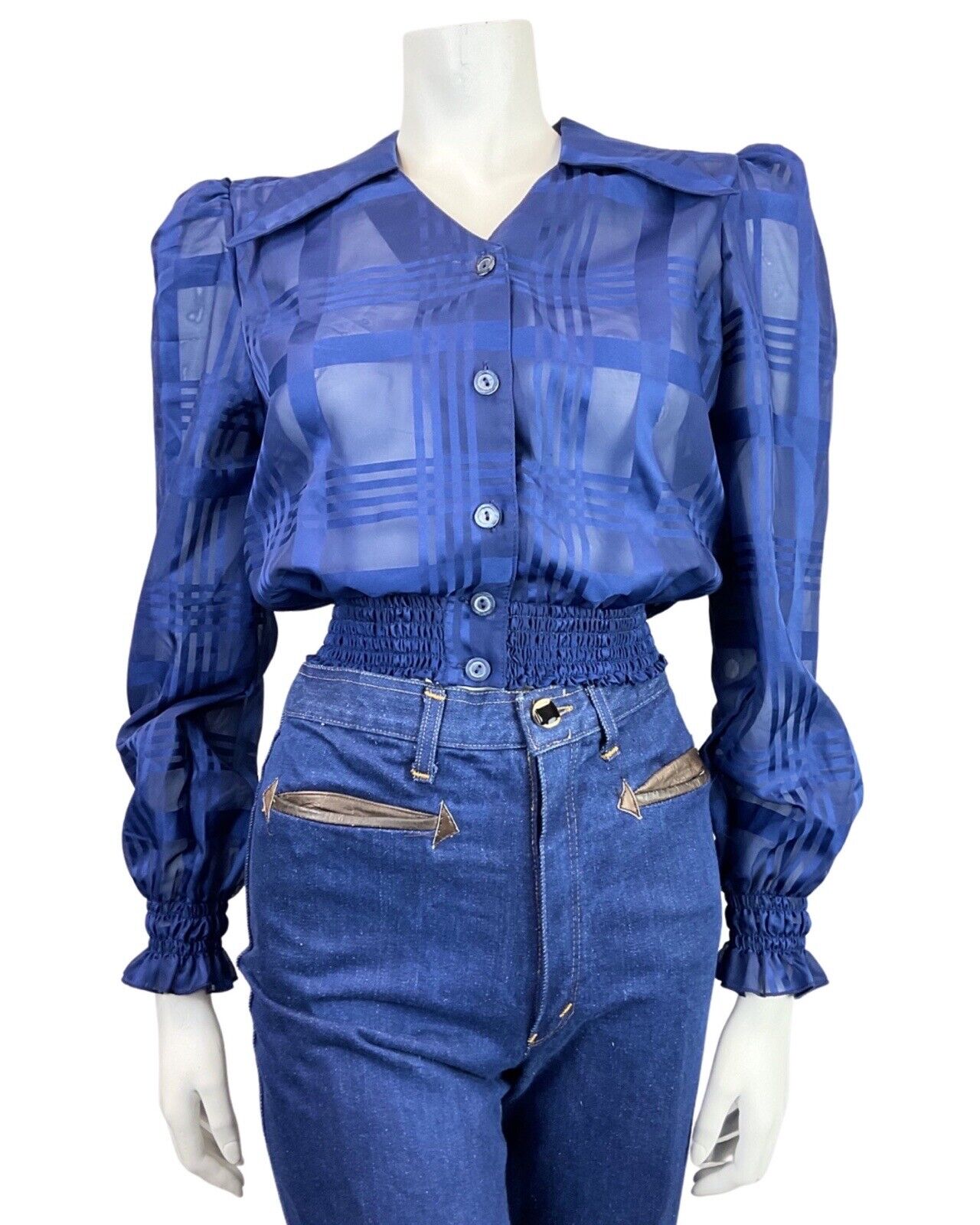VINTAGE 60s 70s NAVY BLUE PLAID CHECKED SHEER SHIRRED CROPPED BLOUSE 8 10