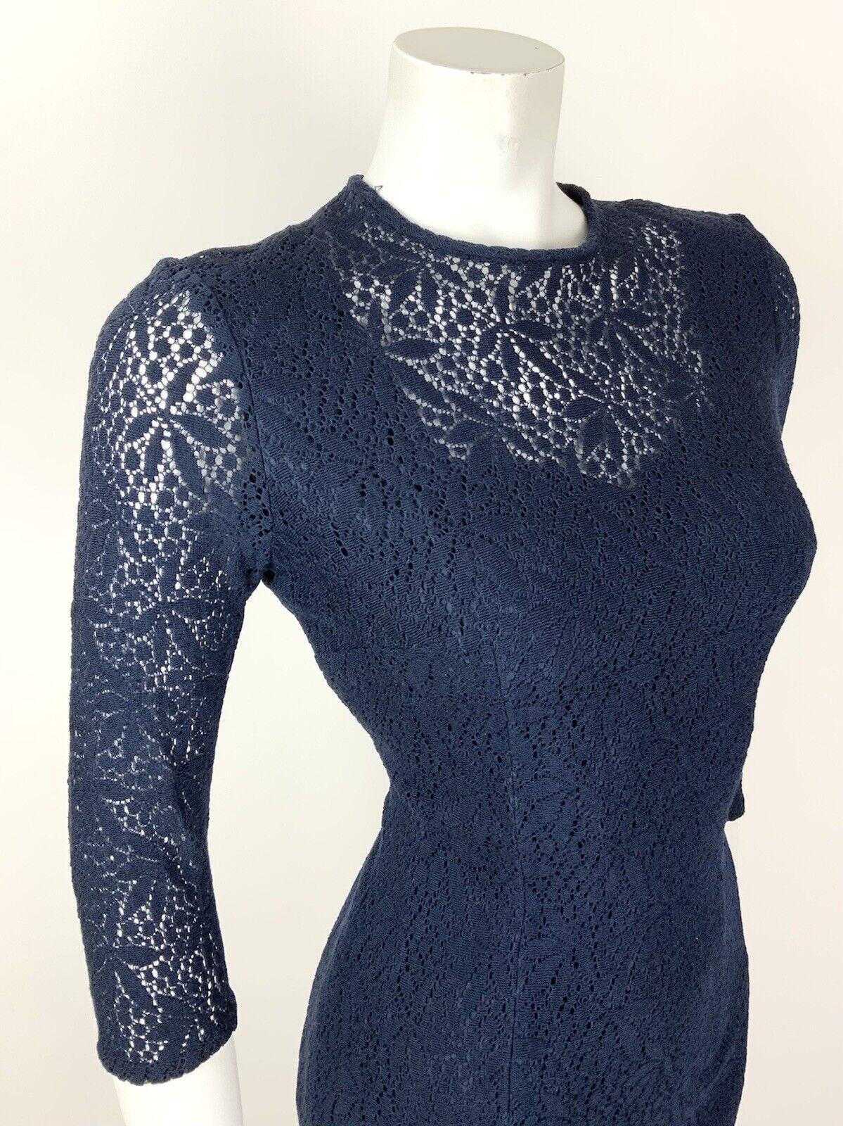 VINTAGE 60s 70s NAVY BLUE FLORAL LACE MOD PENCIL DRESS 12 14