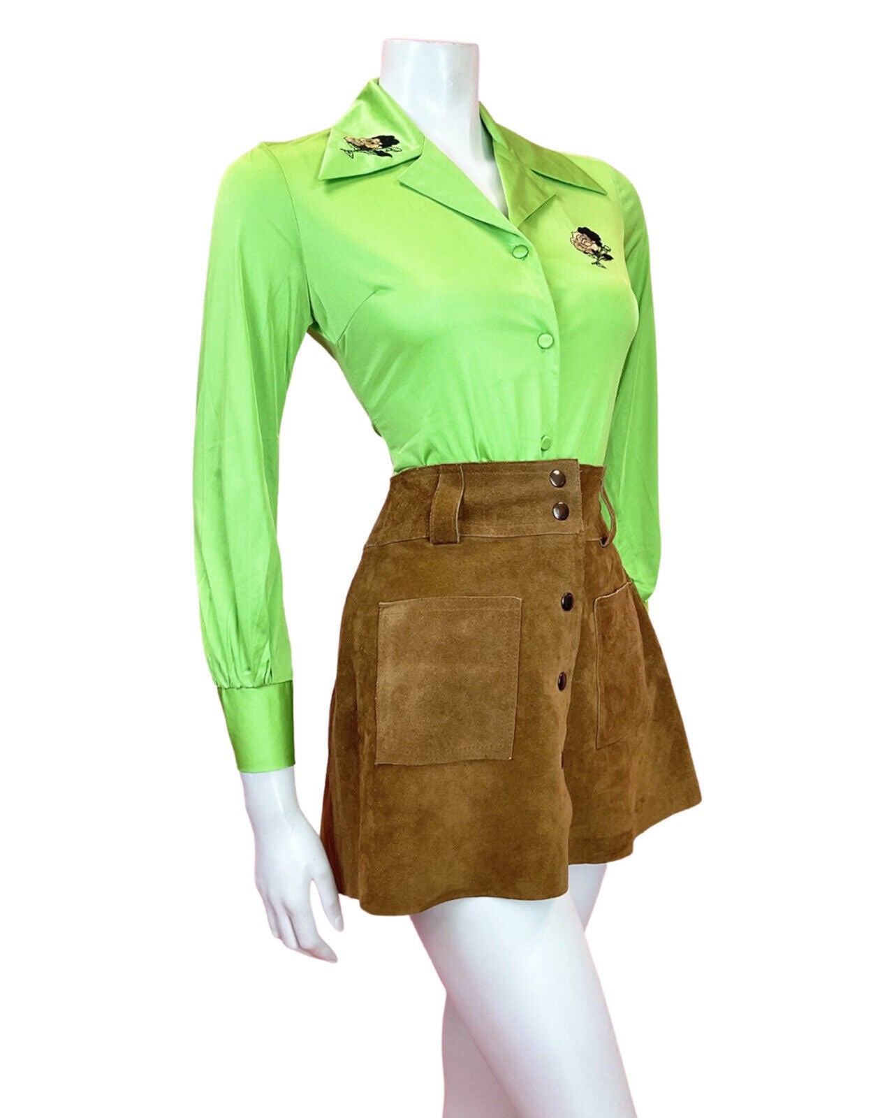 VINTAGE 70s 90s LIME GREEN BLACK EMBROIDERED ROSE MOD DAGGER SHIRT 8 10