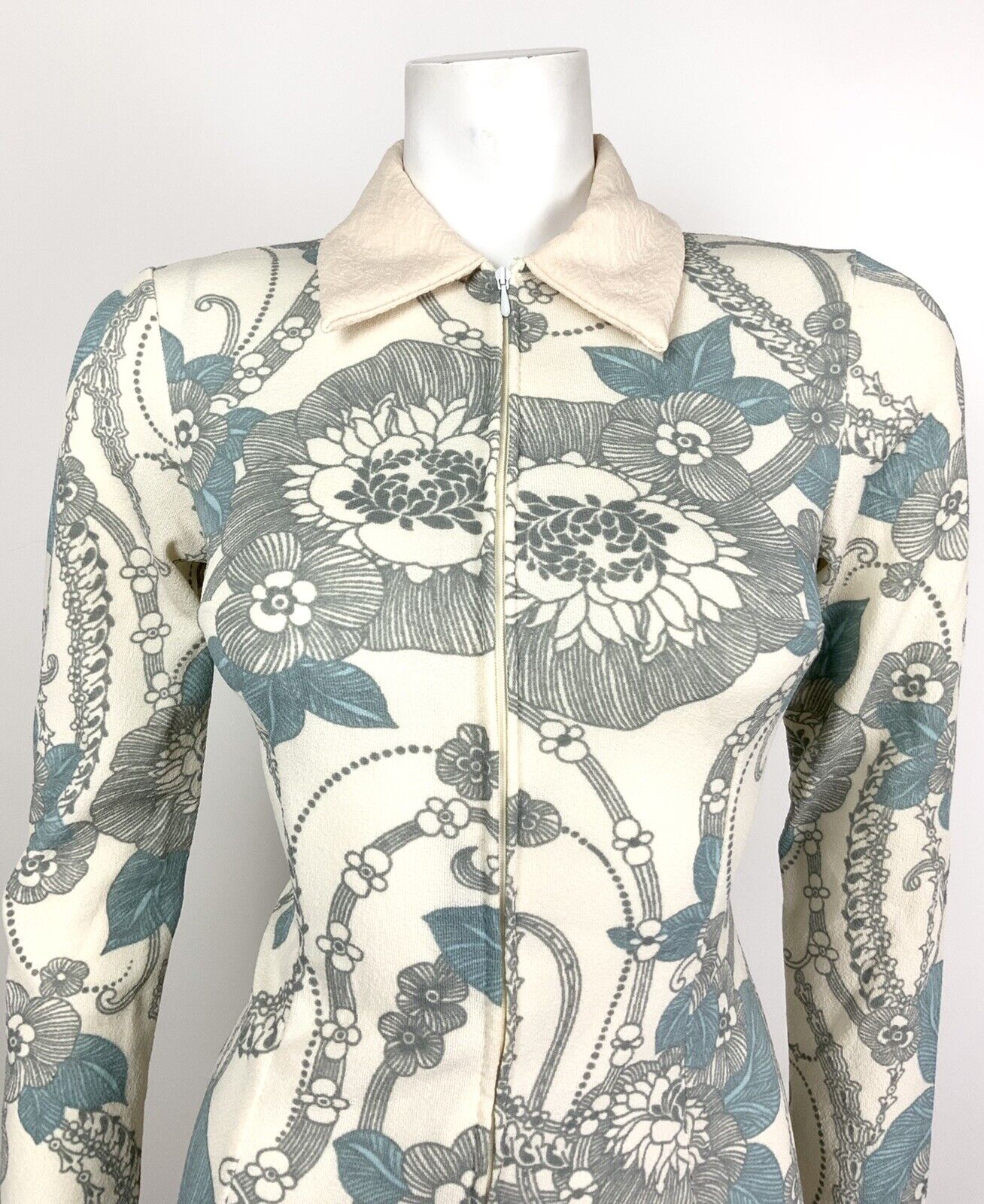 VTG MOD 60s 70s WHITE BLUE GREY FLORAL PSYCH ZIP-UP DAGGER DRESS 8 10