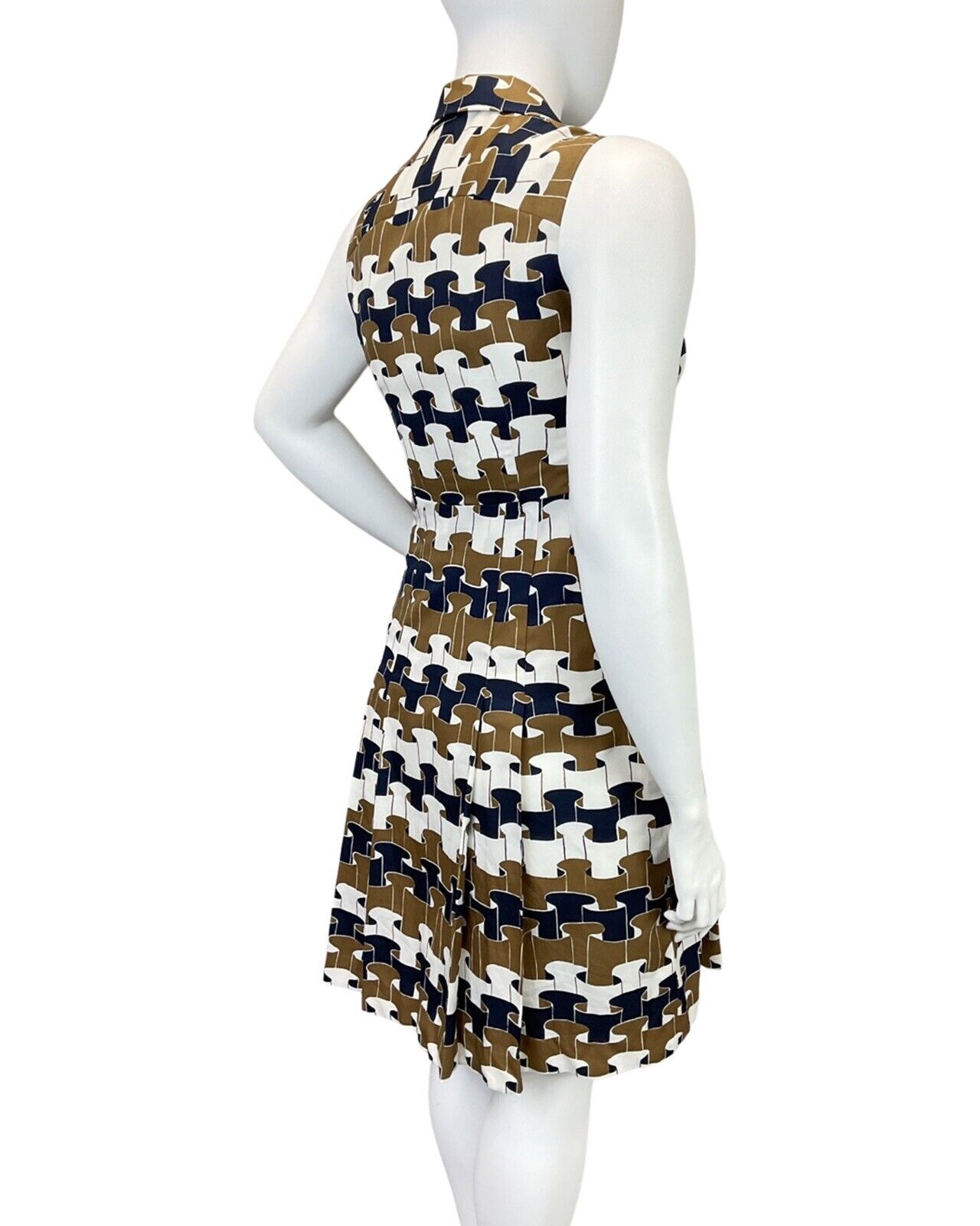 VINTAGE 60s 70s BROWN WHITE BLUE GEOMETRIC RUFFLE MOD DAGGER SHIRT DRESS 16