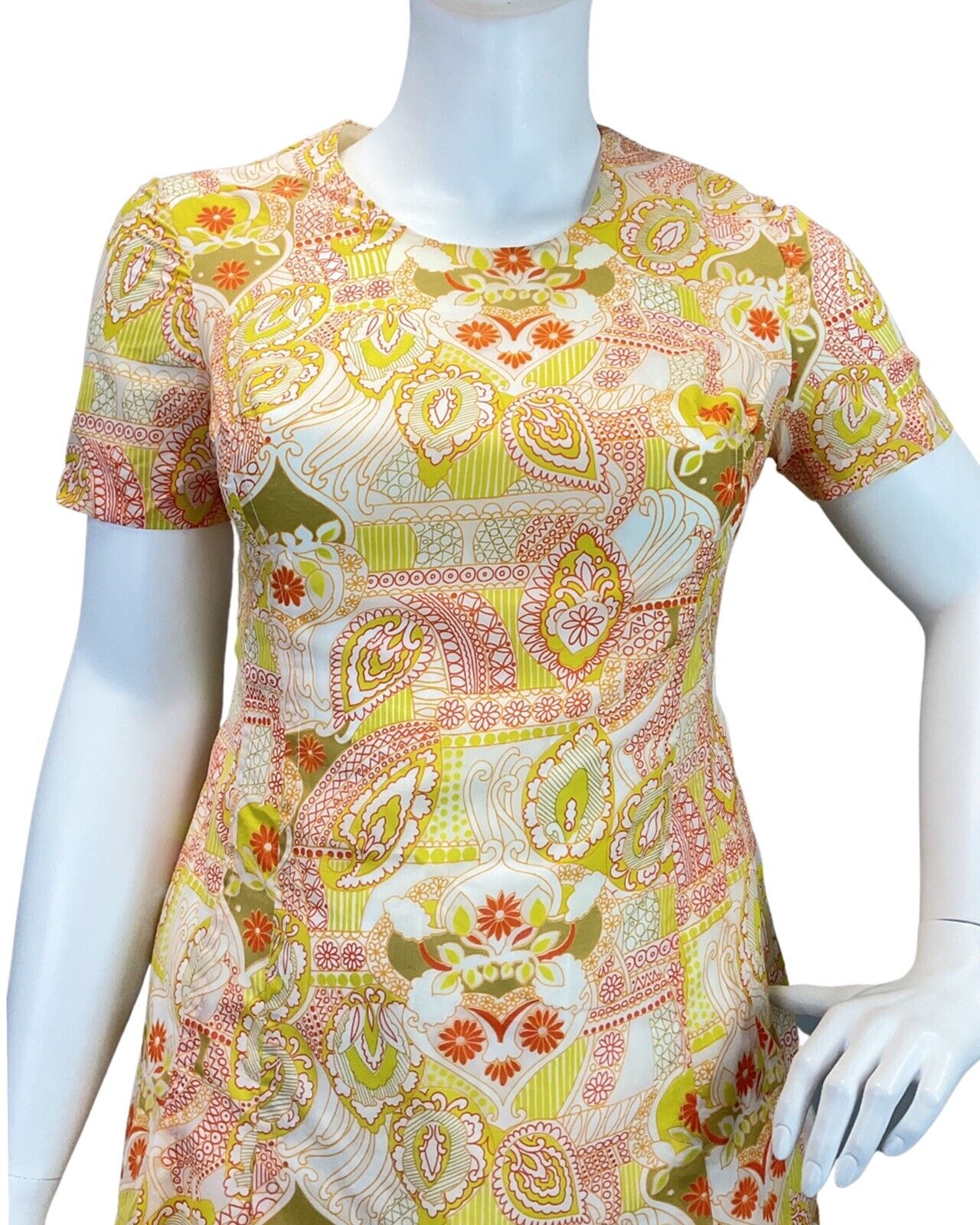 VINTAGE 60s 70s YELLOW RED WHITE PSYCHEDELIC PAISLEY FLORAL MOD DRESS 16 18