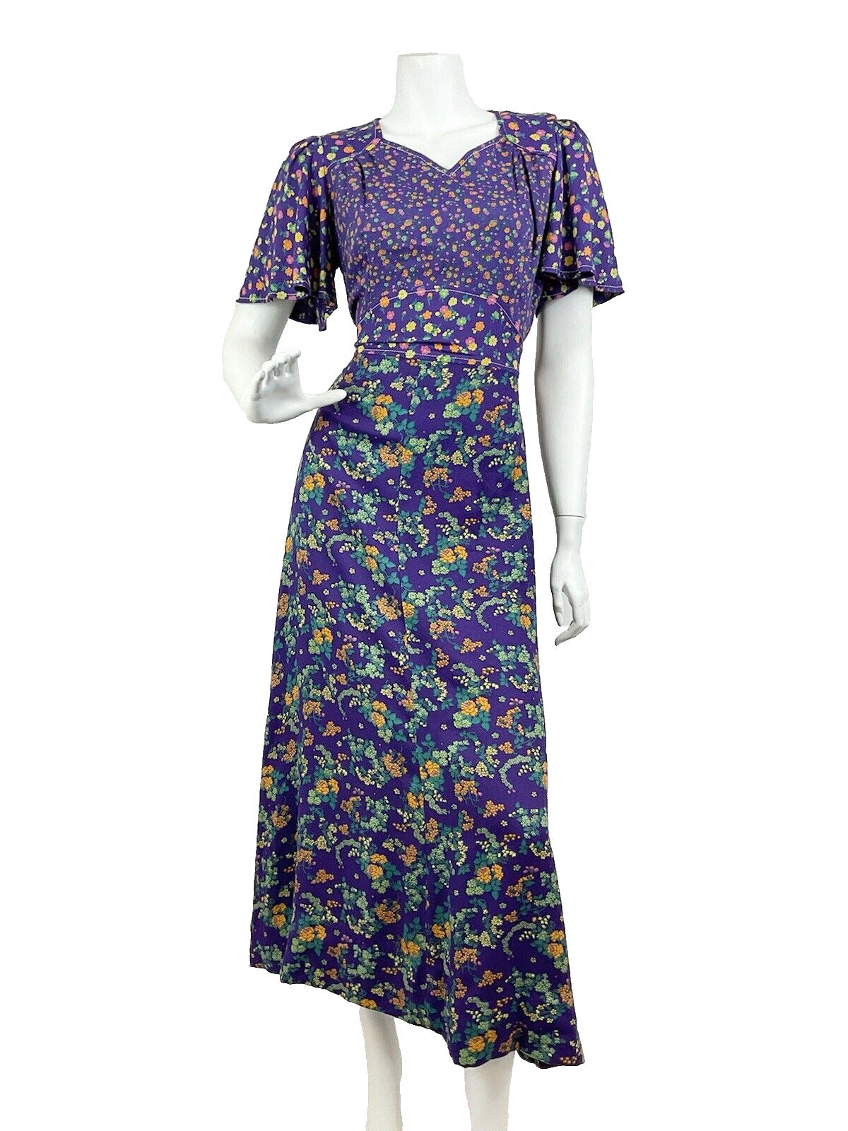 VINTAGE 60s 70s PURPLE PINK GREEN FLORAL DITSY CAPE SLEEVE MOD MAXI DRESS 10 12