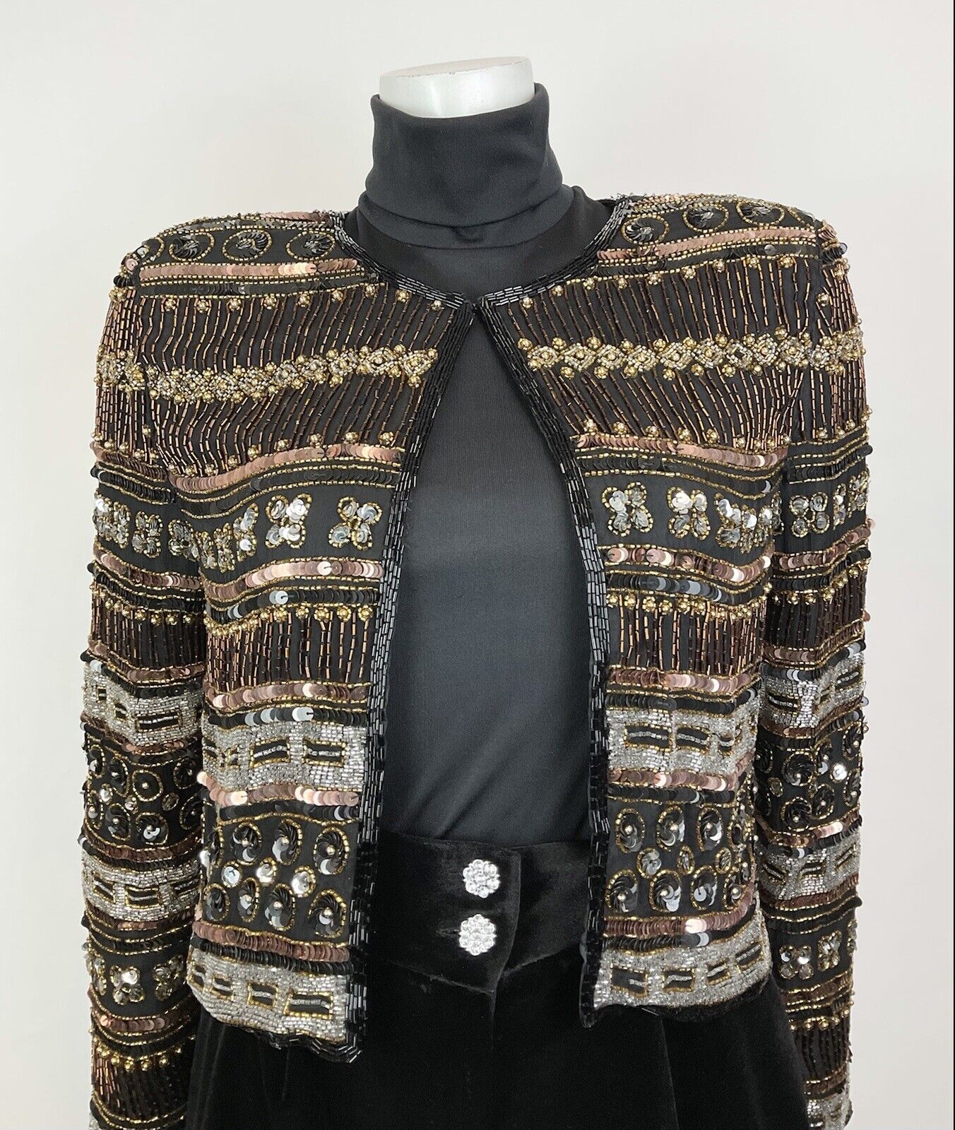 VTG 70s BLACK BRONZE SILVER DECO STRIPED BEADED SEQUIN PARTY TROPHY JACKET 8 10