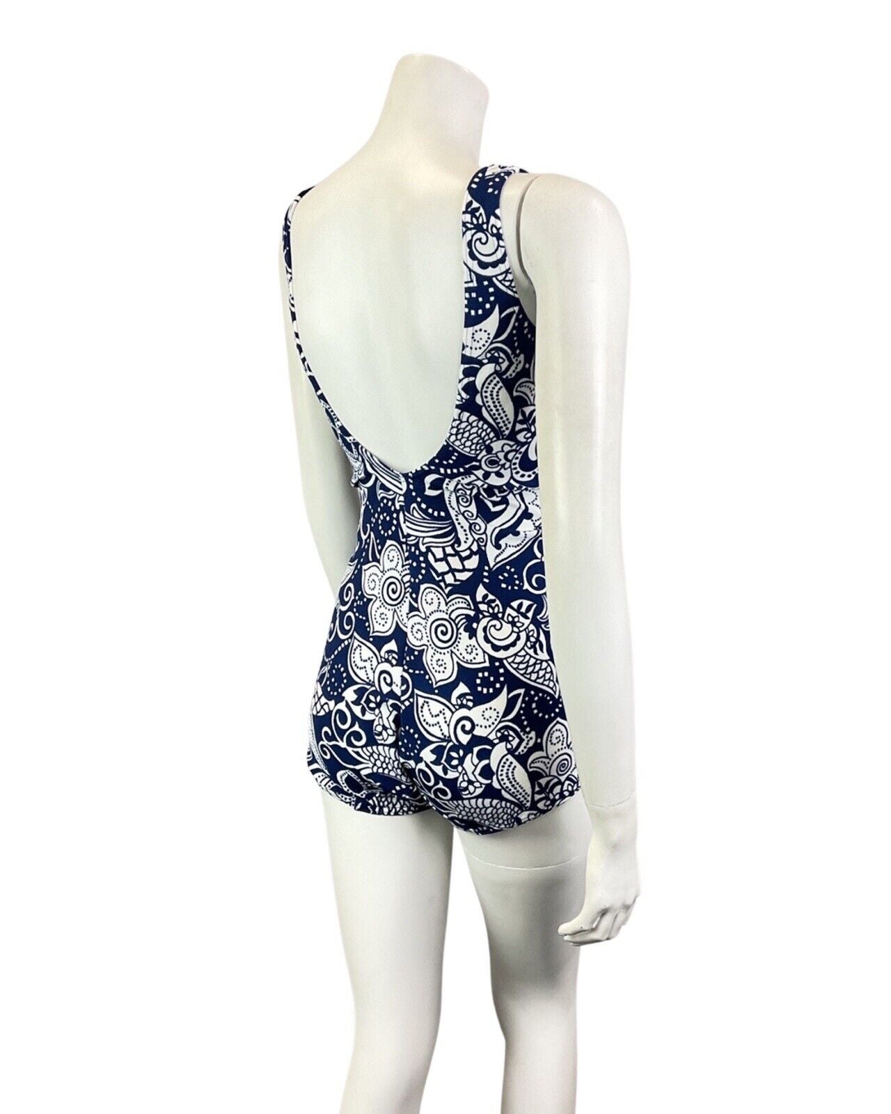 VINTAGE 60s 70s NAVY BLUE WHITE PSYCHEDELIC PAISLEY FLORAL SWIMSUIT BODYSUIT 10