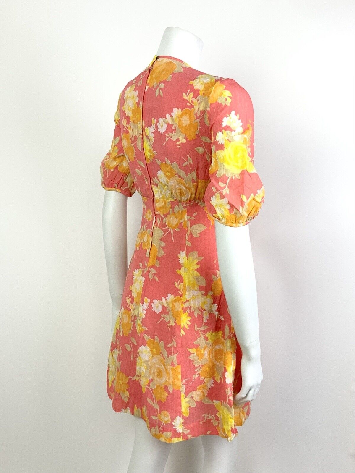 VINTAGE 60s 70s PINK YELLOW ORANGE FLORAL PUFF SLEEVE MOD EMPIRE LINE DRESS 8