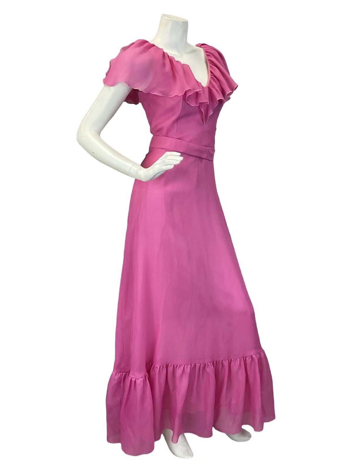 VTG 60S 70S BRIGHT PINK RUFFLE V-NECK MAXI DRESS 8 10
