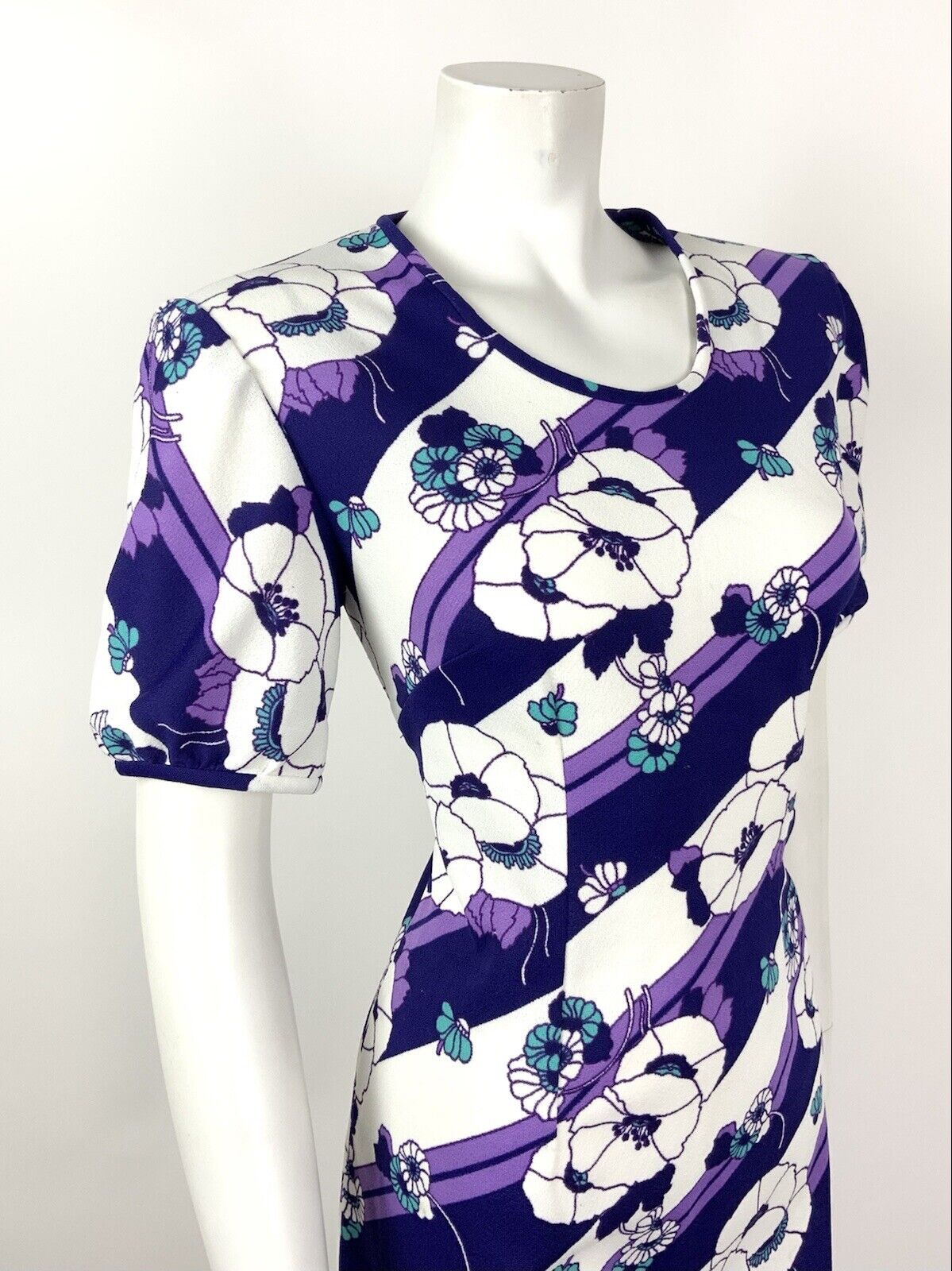 VINTAGE 60s 70s PURPLE WHITE TURQUOISE STRIPED FLORAL MOD DRESS 14 16