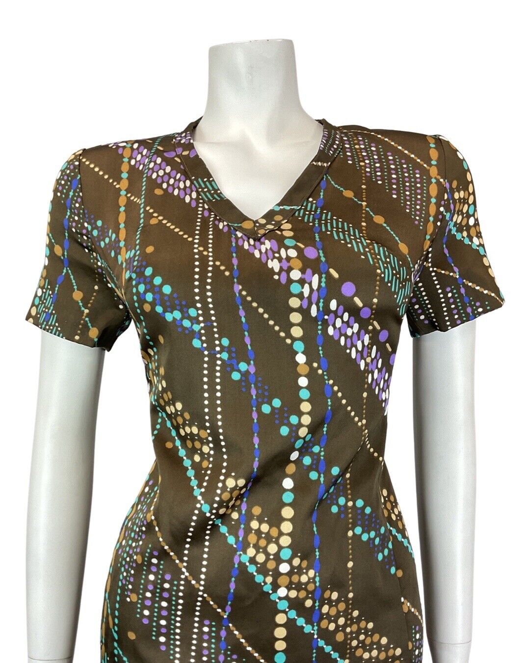 VINTAGE 60s 70s BROWN BLUE PURPLE BEAD REED DOTTY MOD SHORT SLEEVE DRESS 12