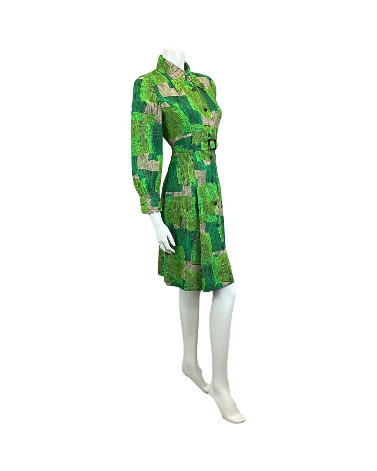 VINTAGE 60s 70s GREEN ABSTRACT PRINT DAGGER COLLAR MIDI MOD BOHO DRESS 12