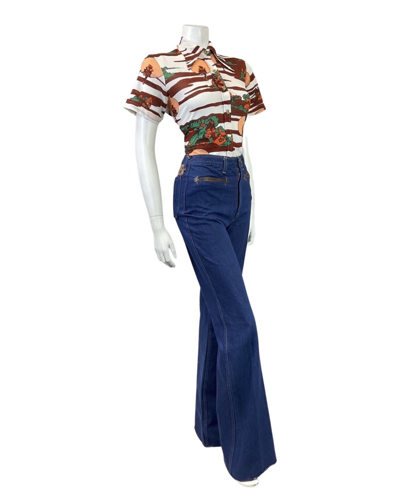 VINTAGE 60s 70s WHITE BROWN GREEN VILLAGE TREE DANCER FOLK DAGGER SHIRT 16 18