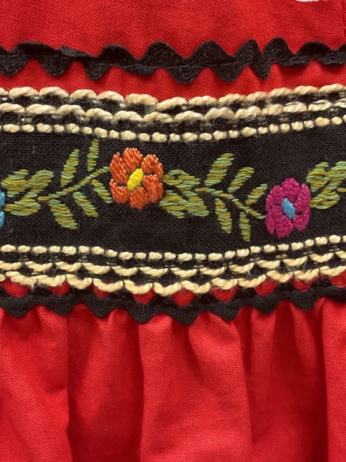 VINTAGE 60s 70s RED BLACK RIC-RAC FLORAL BARDOT RUFFLE BOHO FOLK MAXI DRESS 8