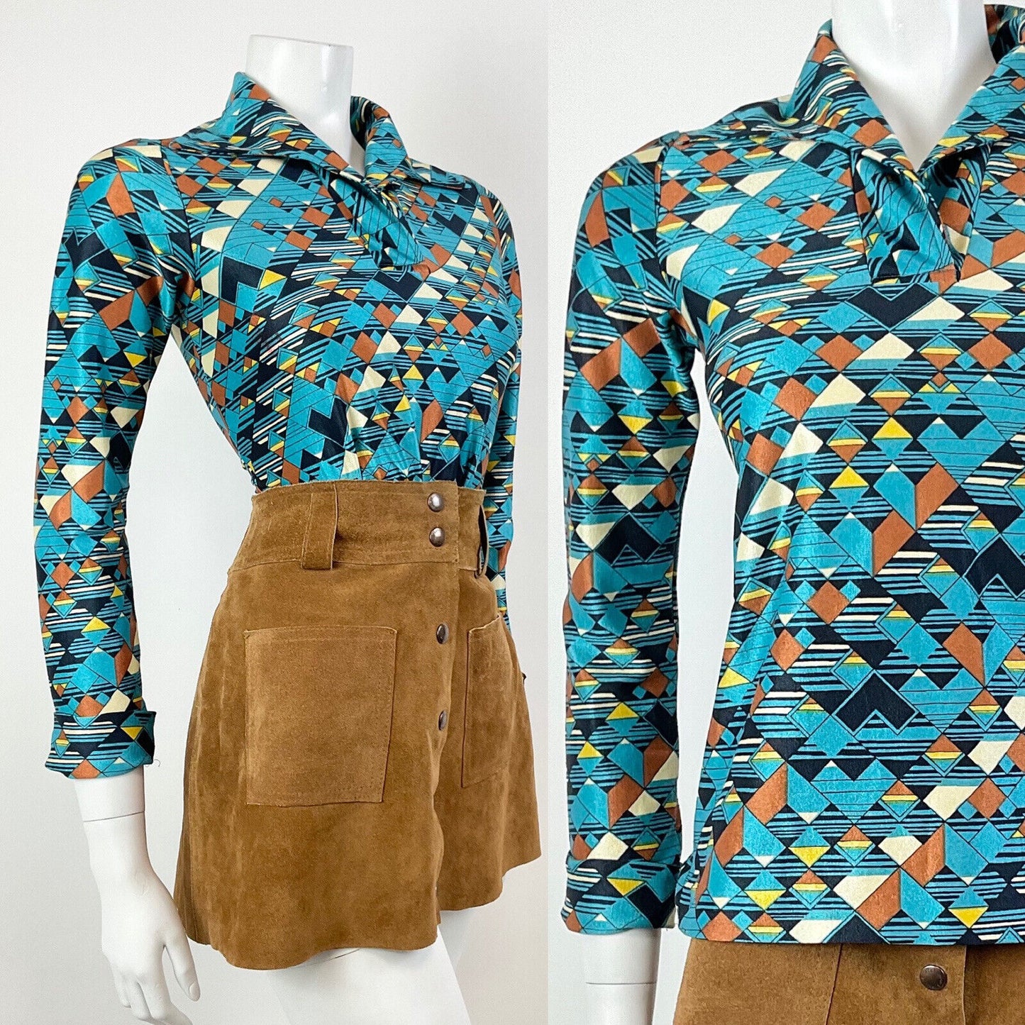VTG 60s 70s METALLIC BLUE BRONZE CREAM GEOMETRIC CHECKED DAGGER BLOUSE 8 10