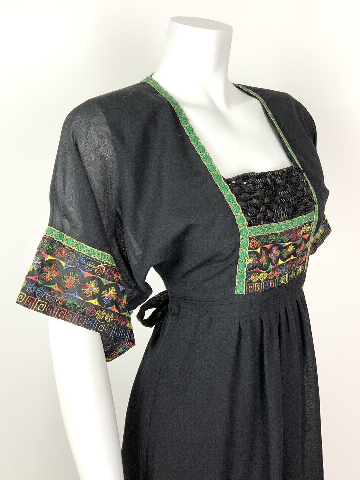 VTG 60s 70s BLACK GREEN ORANGE BLUE EMBROIDERED SEQUIN ETHNIC FOLK BOHO DRESS 8