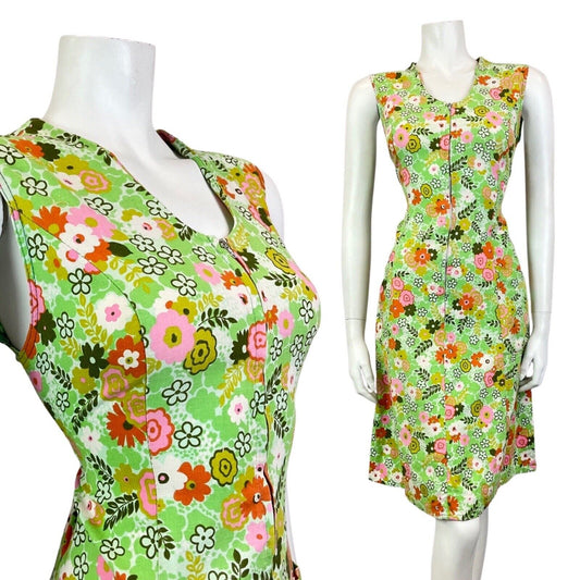 VINTAGE 60s 70s GREEN PINK WHITE FLORAL PSYCHEDELIC ZIP-UP MOD DRESS 12