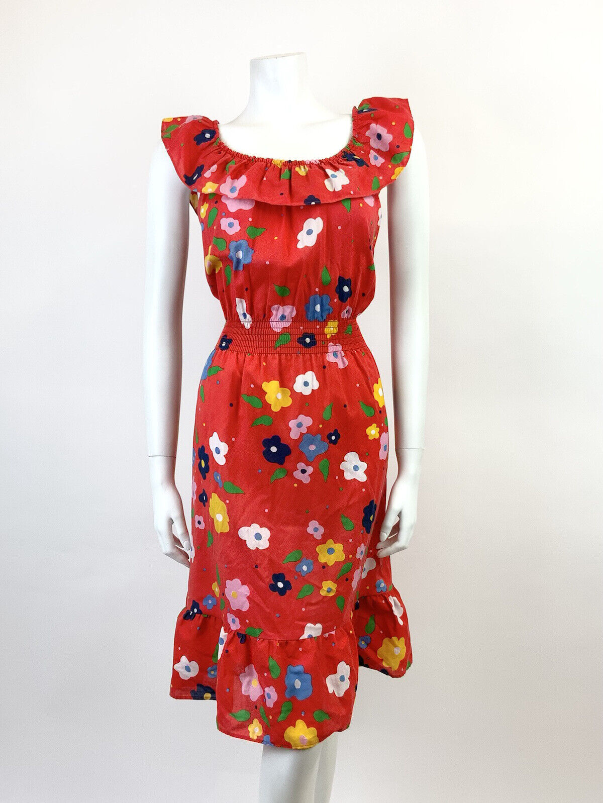 VTG 60s 70s RED BLUE GREEN WHITE FLORAL DAISY MOD SLEEVELESS SUMMER DRESS 12 14