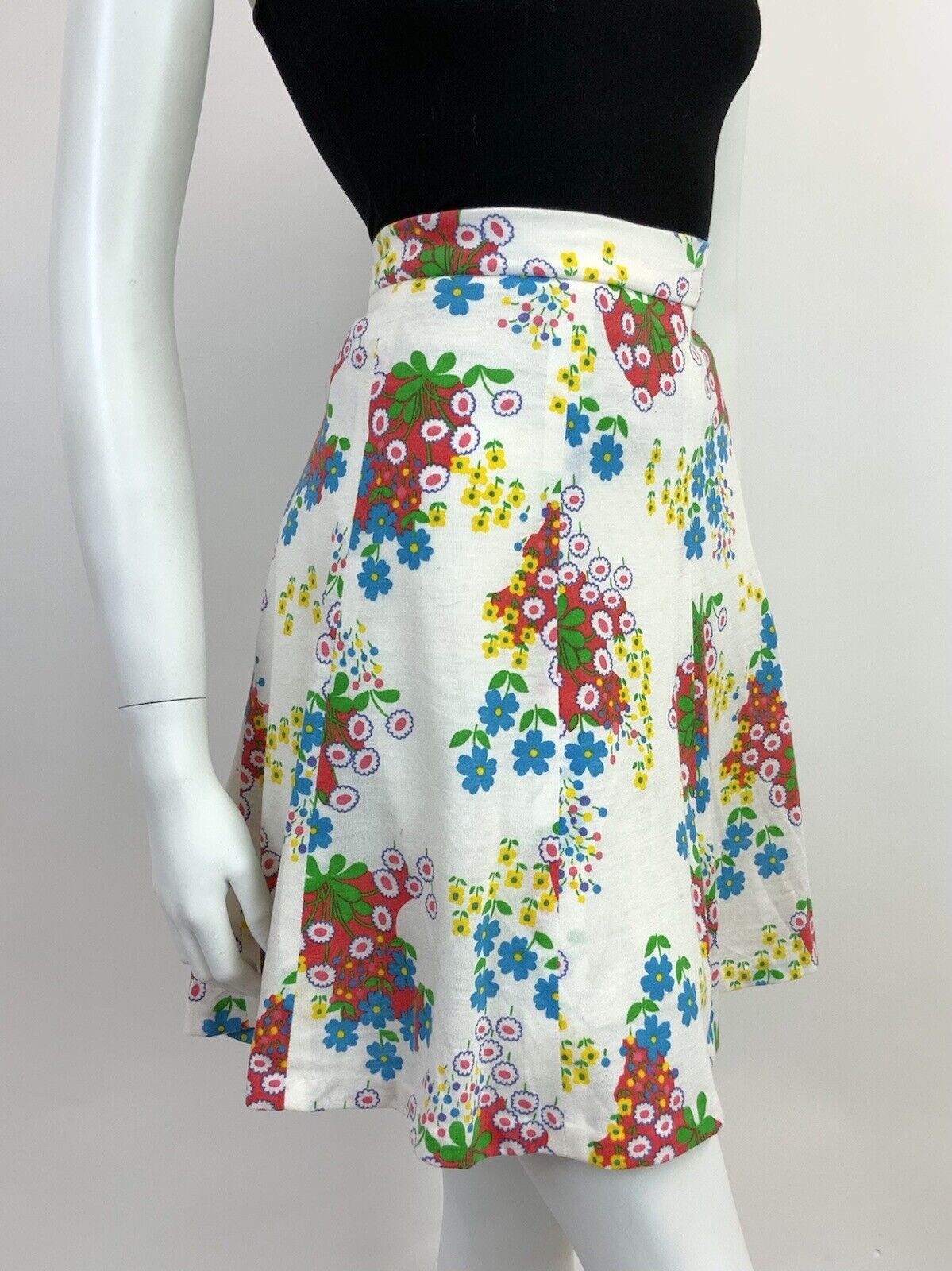 VINTAGE 60s 70s WHITE BLUE GREEN YELLOW FLORAL DAISY FLARED CIRCLE SKIRT 10 12