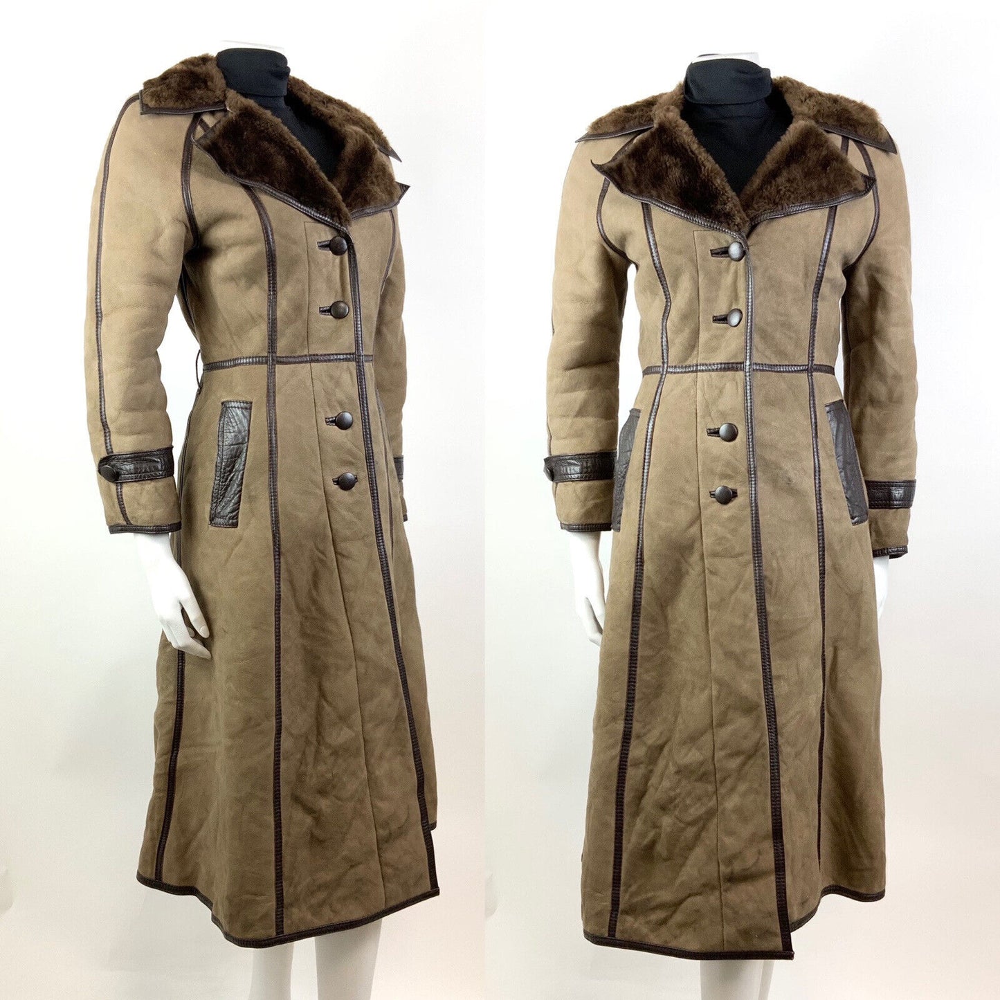 VTG 70s LIGHT BROWN PANELLED TIE WAIST SUEDE LEATHER DAGGER COLLAR COAT 8 10