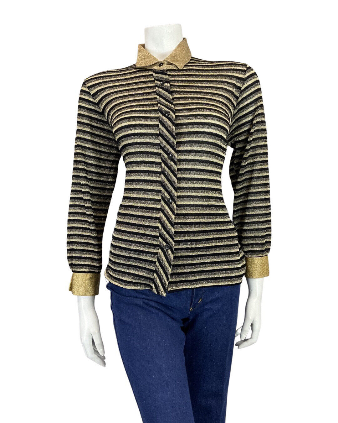 VINTAGE 60s 70s BLACK GOLD STRIPED DISCO PARTY MOD LUREX BLOUSE SHIRT 12 14