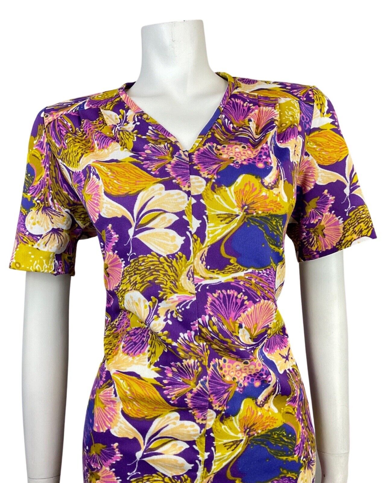 VINTAGE 60s 70s PURPLE YELLOW WHITE PSYCHEDELIC MOD FLORAL SUMMER DRESS 16 18