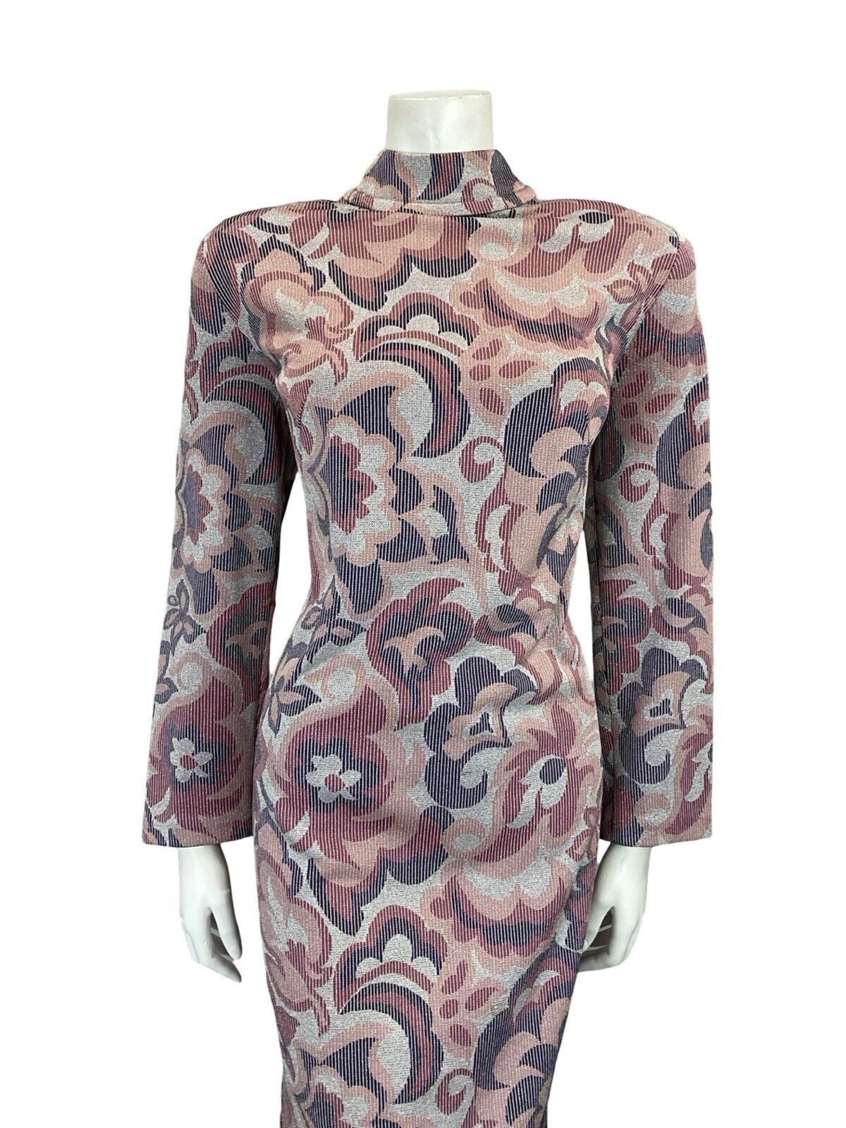 VTG 60S MOD PSYCHEDELIC SILVER PURPLE PINK SPARKLING FUNNEL NECK PARTY DRESS 16