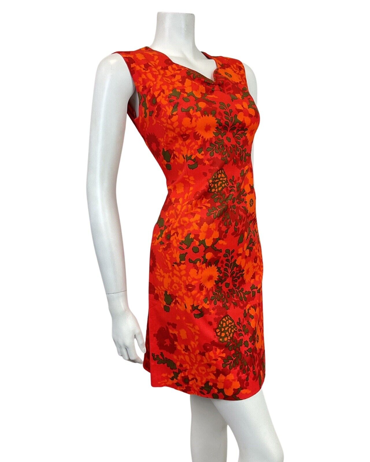 VINTAGE 60s 70s RED ORANGE GREEN PSYCHEDELIC FLORAL MOD SLEEVELESS DRESS 10