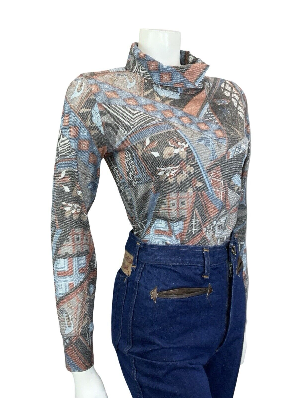 VTG 60S 70S BLACK RED BLUE LUREX GEOMETRIC FLORA BIRD PARTY TURTLENECK TOP 8