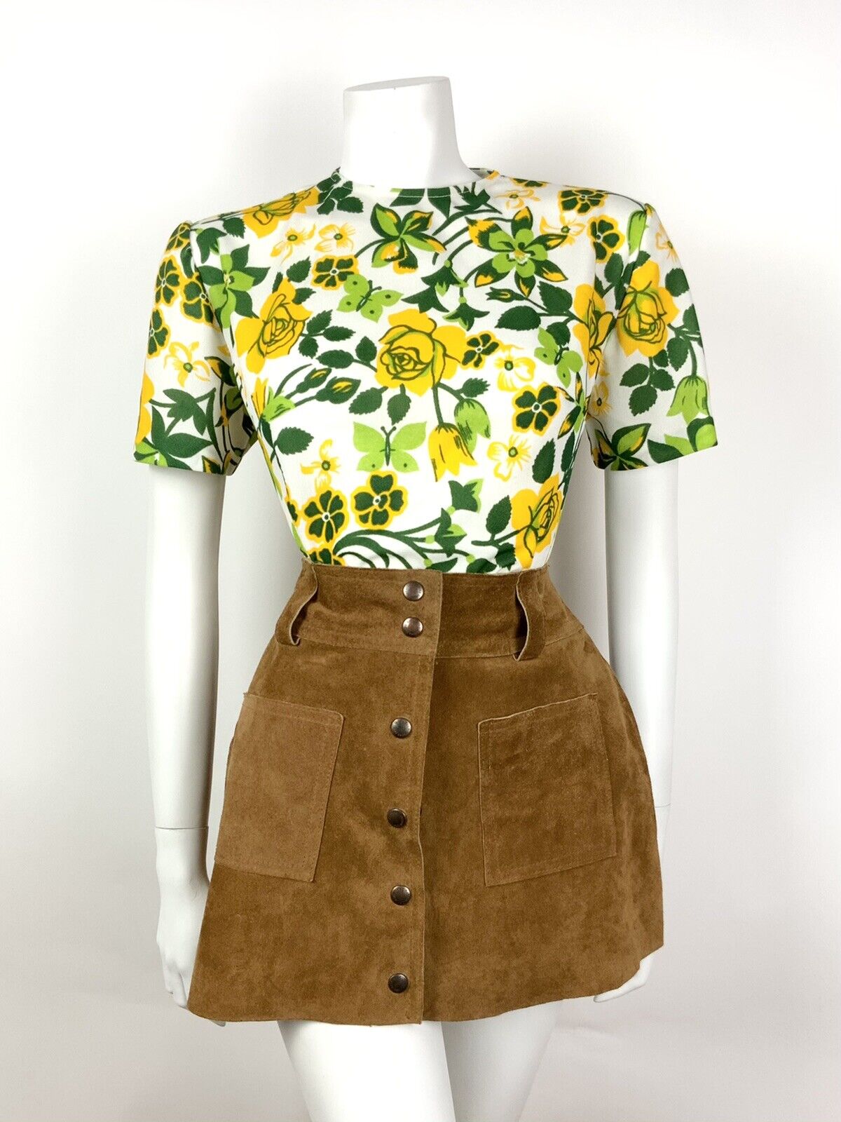 VINTAGE 60s 70s WHITE GREEN LIME YELLOW FLORAL ROSE TSHIRT TOP 12 14