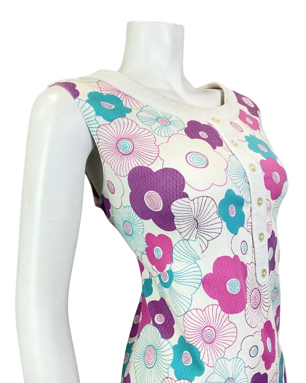 VINTAGE 60s 70s WHITE PINK BLUE DAISY FLOWER MOD SLEEVELESS SHIFT DRESS 12 14