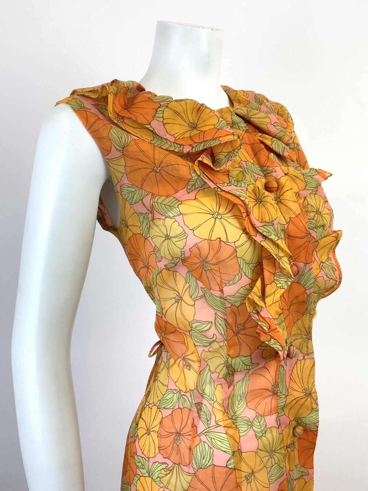 VINTAGE 60s 70s ORANGE PINK YELLOW GREEN FLORAL RUFFLE SHEER MOD DRESS 10 12