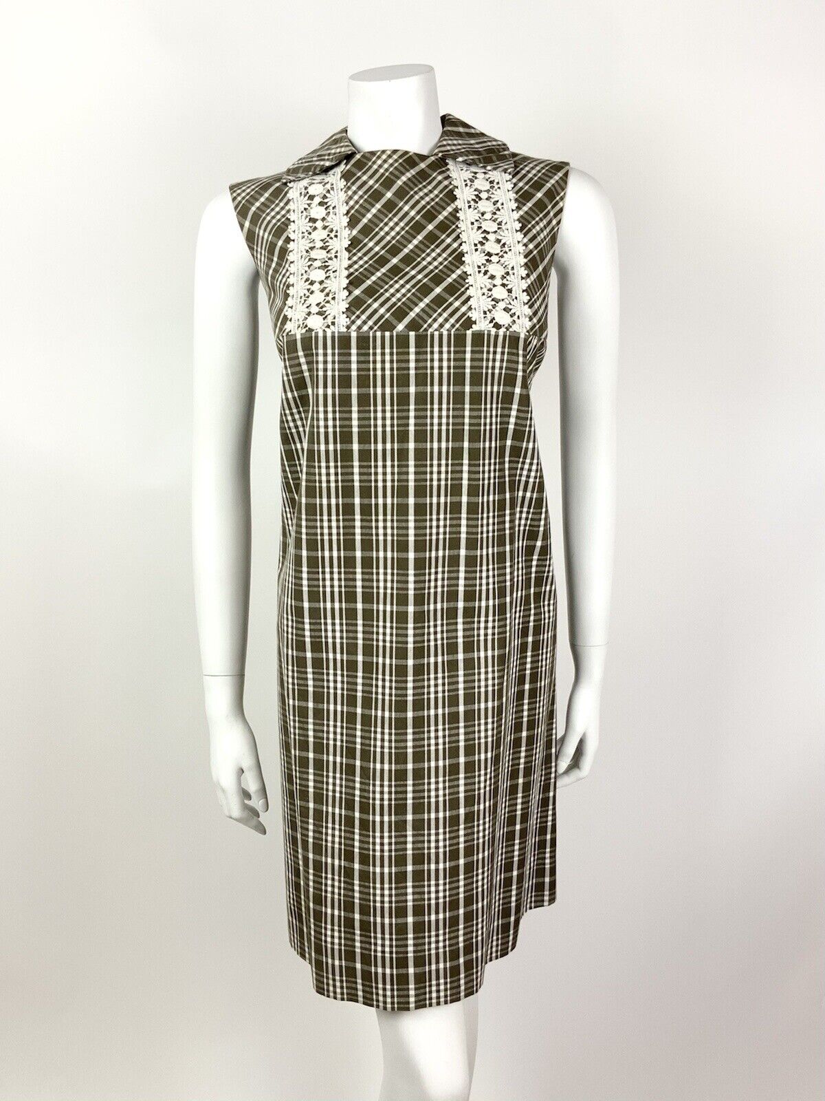 VINTAGE 60s 70s BROWN WHITE PLAID CHECKED LACE MOD SHIFT DRESS 12 14