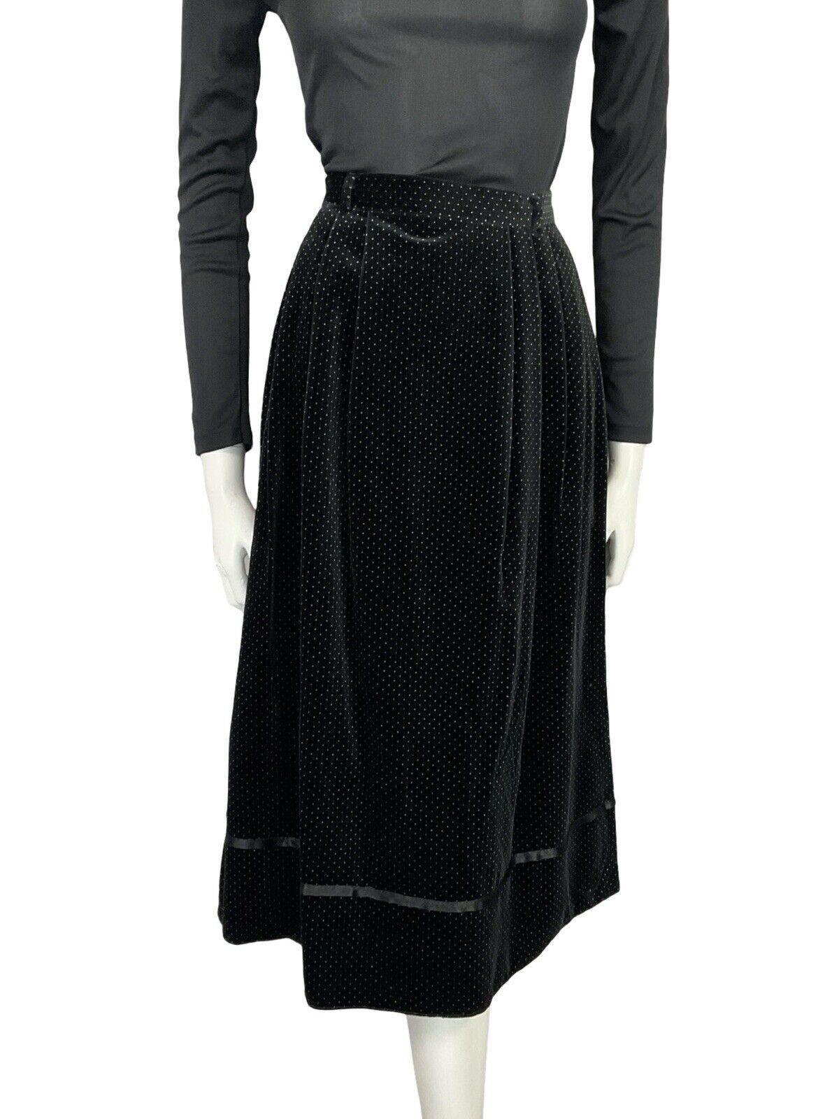 VTG 70S FOLK BOHO BLACK WHITE PIN DOT VELVET RIBBON TRIM MIDI SKIRT 6
