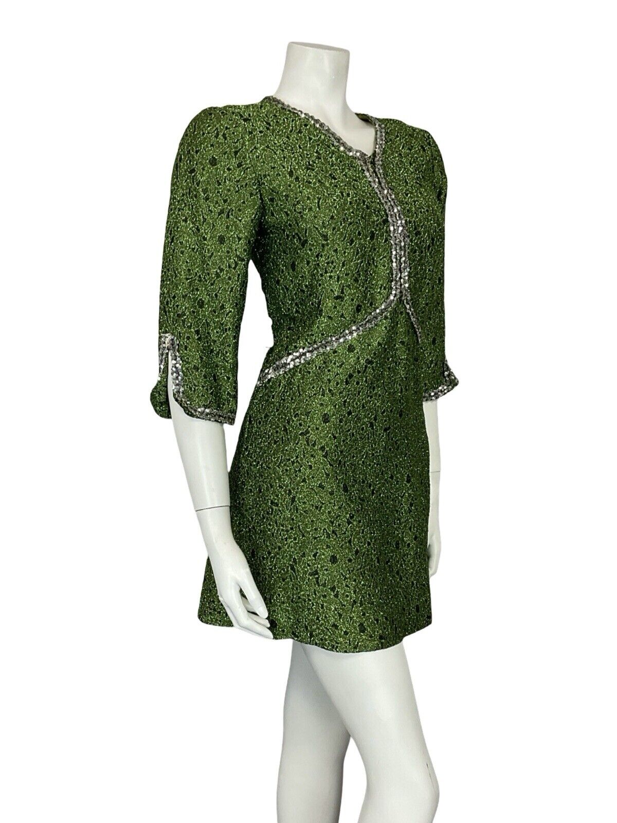VTG 60S V NECK HALF SLEEVE GREEN SILVER SEQUIN LUREX PARTY MINI DRESS 10