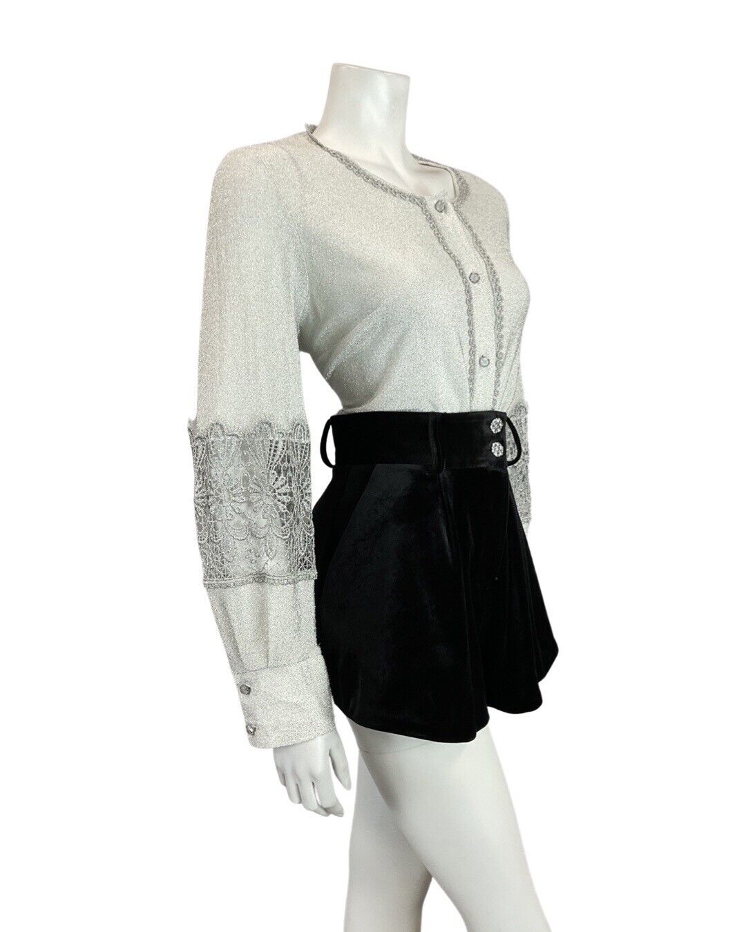 VTG 60s 70s METALLIC SILVER LUREX LACE DISCO PARTY STUDIO 54 JACKET BLOUSE 12 14