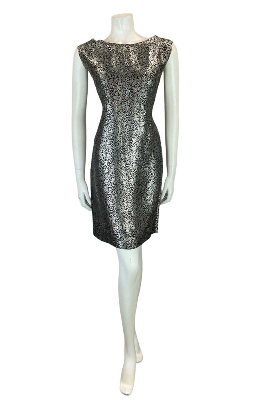 VTG 60S MOD BLACK SILVER FLORAL SHINY PARTY SLEEVELESS MINI DRESS SIZE 14 16