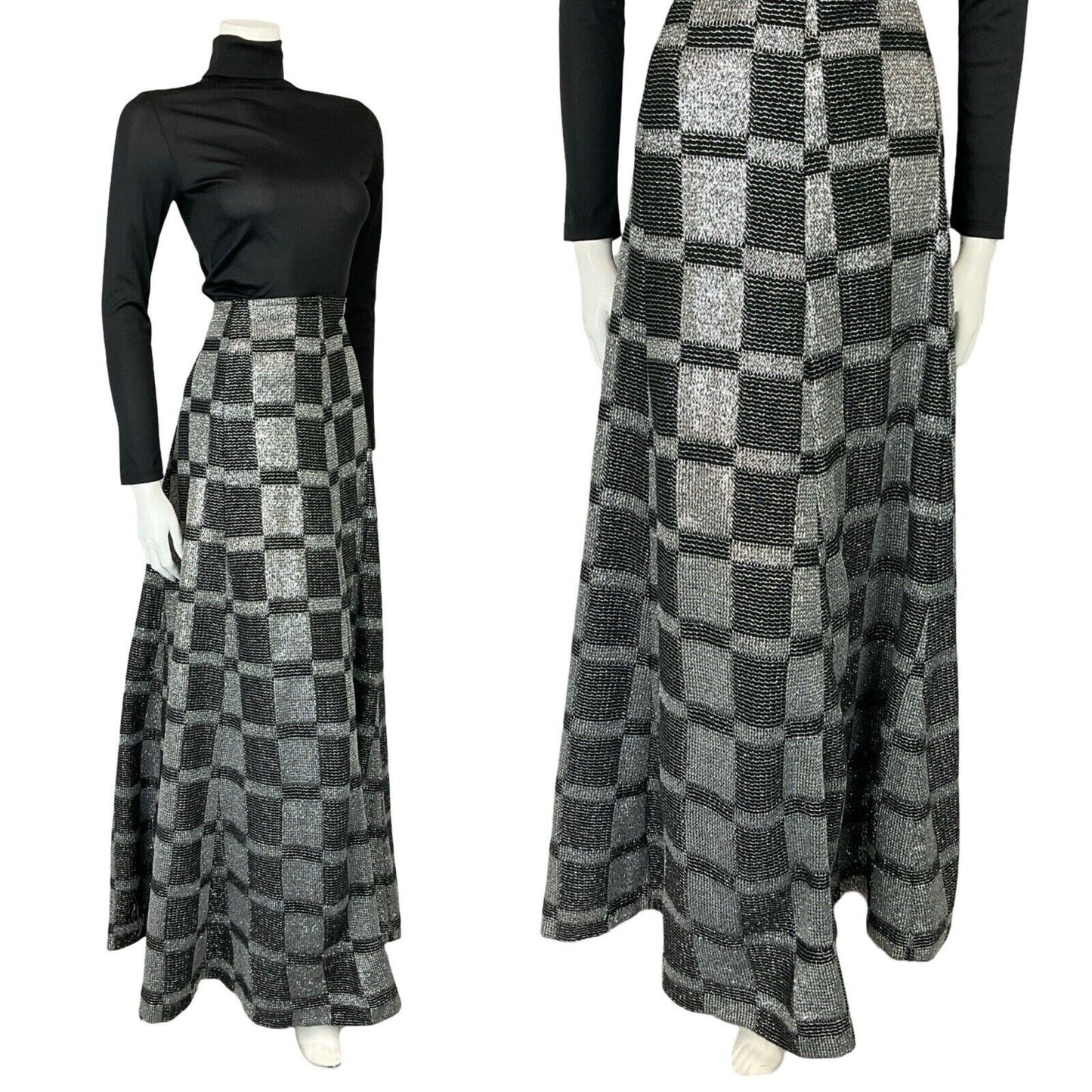 VTG 70S BLACK SILVER LUREX CHECKERBOARD DISCO PARTY MAXI A LINE SKIRT S 8 10